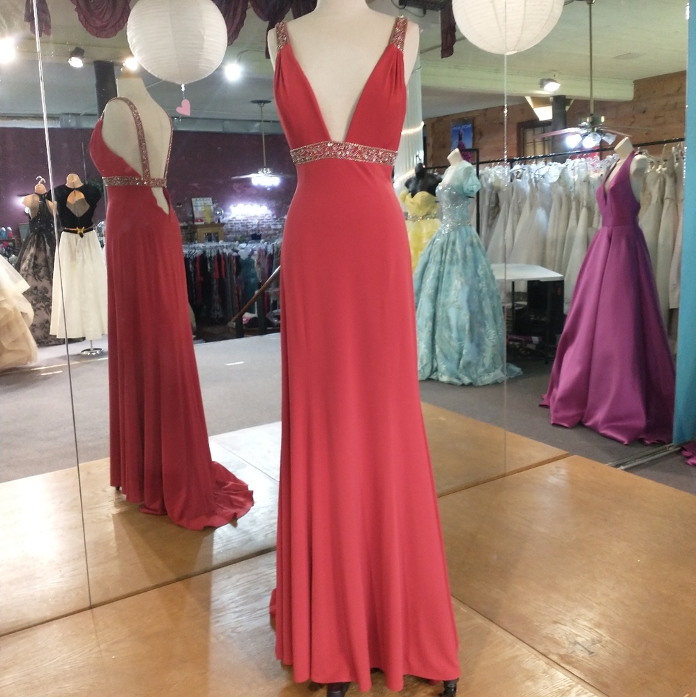Night Moves Rhinestoned V Front, Open Back Dress